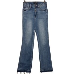 Judy Blue Boho Grunge High Rise Flare Jeans Medium Wash Raw Hem Wide Leg 7/28